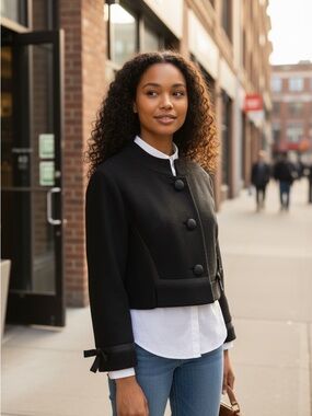 Classic Black Cropped Ribbon-Trim Jacket by Rogers & Goffigon